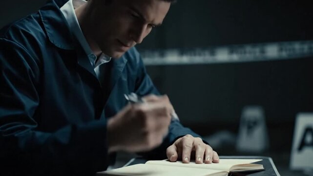 Detective Deliberation: A focused detective meticulously examines evidence at a crime scene, using a magnifying glass to uncover crucial details amidst the somber atmosphere. 