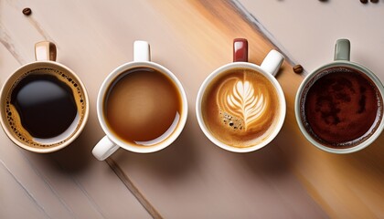 Four Cups Of Coffee Showcasing Different Brewing Styles And Colors Perfect For Illustrating Coffee Related Themes