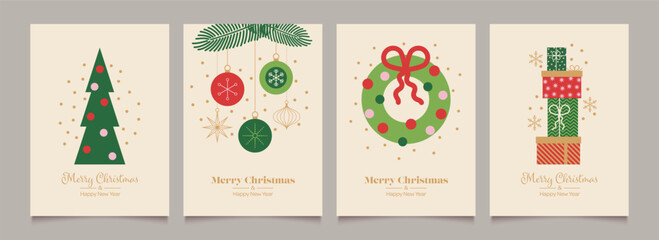 Merry Christmas and Happy New Year Set of greeting cards, posters, holiday backgrounds.