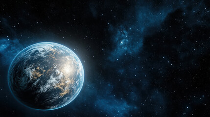 Obraz premium Stunning planet illuminated by distant starlight, surrounded by cosmic backdrop