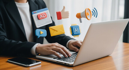 Crafting digital marketing success A strategist s focus on online engagement AI and innovative promotion over a laptop