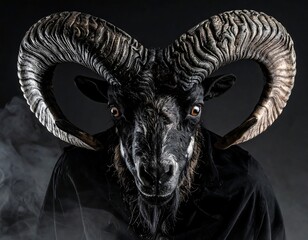Close-up of person wearing ram mask, dark, smoky background
