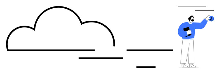 Person transferring data to cloud using tablet. Ideal for cloud storage, data management, digitalization, IT, innovation, teamwork, remote access. Simple flat metaphor