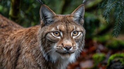 A lynx stands alert in a vibrant forest showcasing its striking fur and keen gaze amidst greenery.