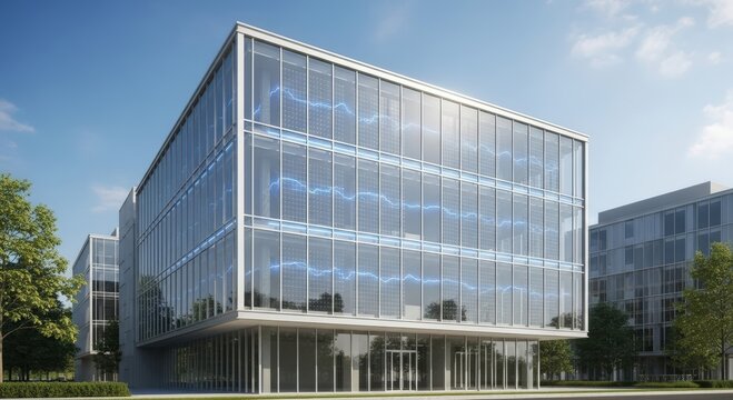 Sleek glass office building displaying dynamic financial data visualizations for investment success