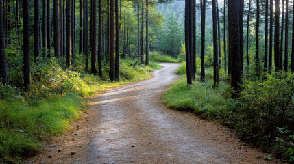 Obraz premium Winding pathway through tall trees, surrounded by lush greenery and soft sunlight
