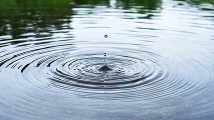 Droplets create soft ripples in calm water, reflecting serene nature