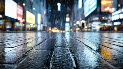 Fototapeta premium Rain streaks illuminate wet street at night, creating vibrant city atmosphere