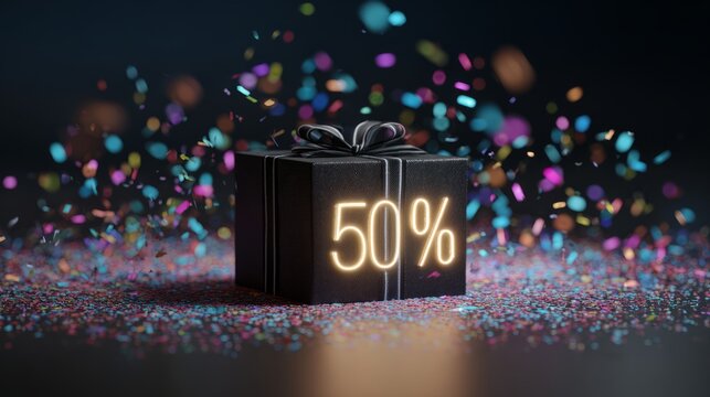 Black gift box with glowing 50 percent discount sign surrounded by colorful confetti creating a festive celebration scene for special sale promotion and seasonal offer announcement