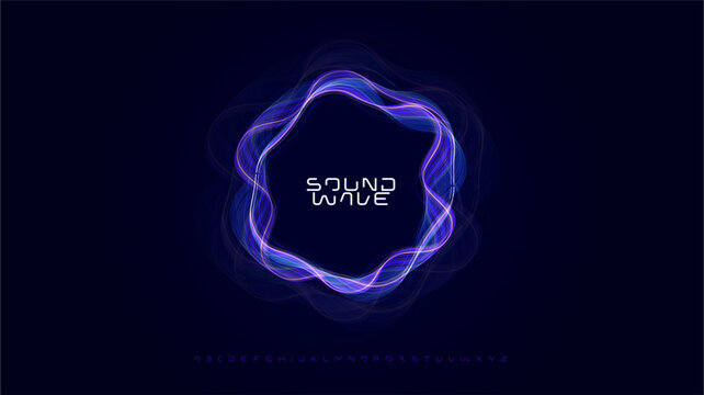 Sound wave music waveform audio bass beat circular wavy rings, radial glow equalizer round pulse, glowing soundwave with modern font logo alphabet for radio dj, edm, podcast. Vector illustration