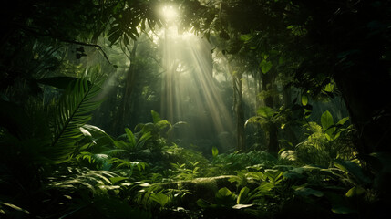 sun rays through forest Generated by mid journey 