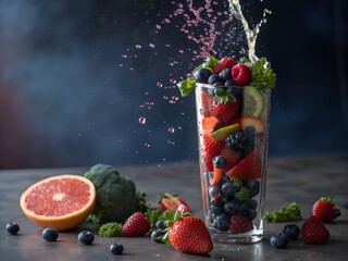 Refreshing glass of mixed berries and fruit with water splash