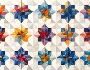 Colorful mosaic, geometric starburst pattern on a white background