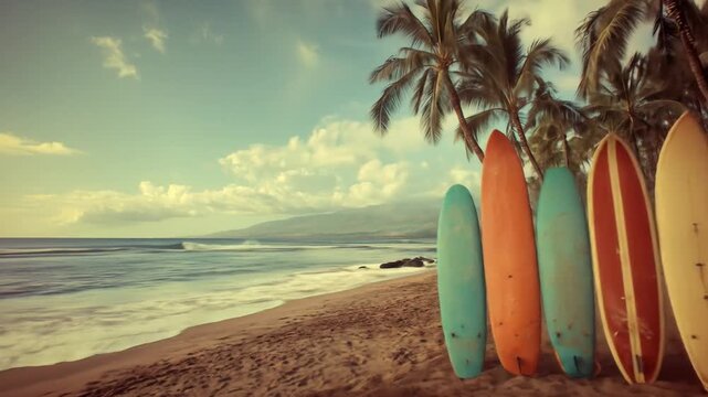 Retro surfboards on a tropical sandy beach with palm trees and ocean waves under a warm, cloudy sky, evoking summer vacation vibes.