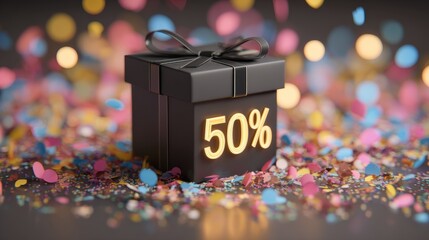 Black gift box with glowing 50 percent discount sign surrounded by colorful confetti creating a festive celebration scene for special sale promotion and seasonal offer announcement