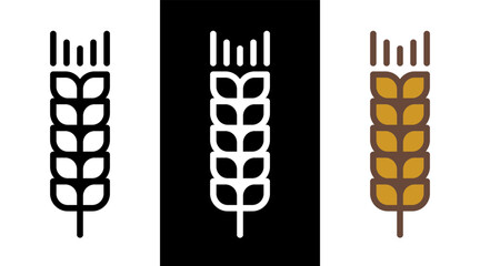 Wheat icon in different style: line black, white and flat colorful.
