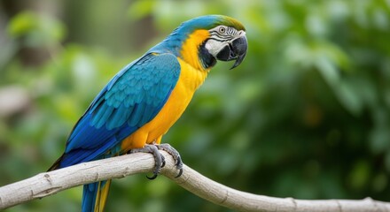 Obraz premium Vibrant Blue-and-Gold Macaw Perched on Branch, Lush Green Backdrop