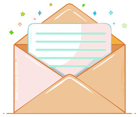 Illustration of an open light peach envelope holding a letter with lined text surrounded by colorful decorative shapes