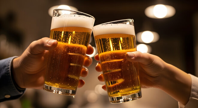 Two people cheers with tall glass beers, light beer, frothy head, blurry background