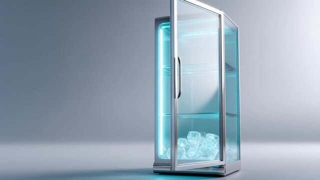 Sleek modern futuristic refrigerator with cool blue light illuminating an empty interior with ice. high tech glass door cooler, clean and contemporary appliance concept