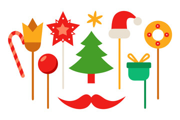 Cute cartoon vector illustration set of Christmas icons, tree, bird, and heart decoration for a fun holiday card design