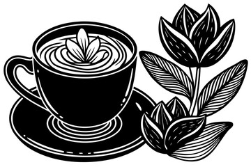 Hot coffee or tea cup with leaves illustration vector for cafe beverage design symbol
