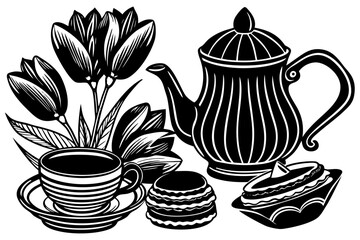 Still life with hot coffee or tea in a vintage cup and saucer on a table, a perfect vector illustration for breakfast or cafe design