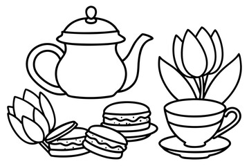 White ceramic teapot, cups, and saucer for traditional hot tea or coffee beverage