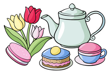 Vintage teapot, cups, and saucers set with flower illustration for a hot tea or coffee beverage and breakfast food