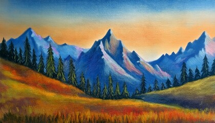 Fototapeta premium Mountains Colourful Hand Painted Landscape Colored Pencils On Paper Versatile Artistic Image For Creative Design Projects Posters Banners Websites Cards Prints Wallpapers Artist Made Art