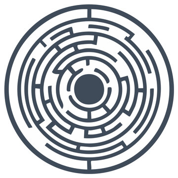 Circular labyrinth maze symbol icon vector graphic for problem solving and strategic thinking