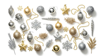 Elegant christmas ornaments and decorations scattered on a white surface in a flat lay arrangement