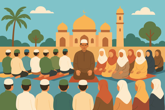 Flat design of group jamaat prayer outside mosque with diverse participants and palm trees