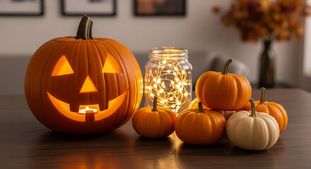 A Jack-o'-lantern with a lit candle sits beside a jar of fairy lights and a pile of small pumpkins on a dark wooden table.