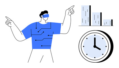 Person wearing VR headset with circuit-themed shirt points upwards. Bar graph and clock beside him. Ideal for technology, innovation, time management, productivity, data analysis, VR applications