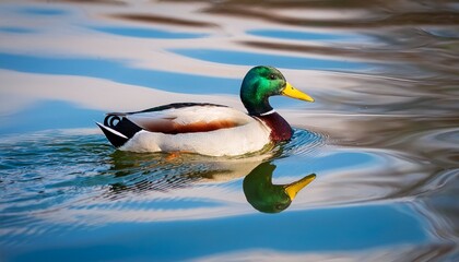Obraz premium Male Mallard Duck Portrait Of A Duck With Reflection In Clean Lake Water In Krakow Poland