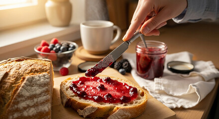Close-up of a hand spreading berry jam on a slice of sourdough bread, rustic texture of the bread, bright cozy kitchen background