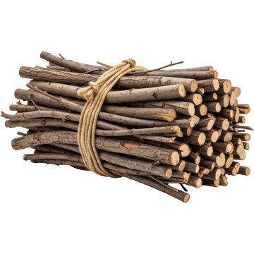 Rustic bundle of natural wood branches tied with strong rope for fire starting and decor.