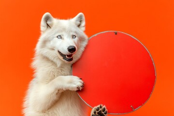Studio mascot with sign. Isolated baby animal on a solid uniform bright orange background. Cute baby animal arctic wolf hold in front paws a template - large red zoo sign. Friendly animal pos.