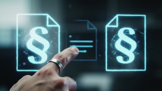 Hand Interacting with Holographic Legal Document Icons on Virtual Screen, Digital Law Concept
