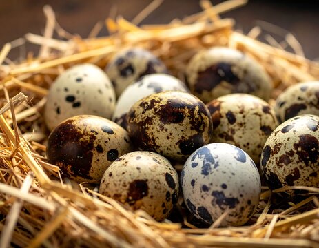 Close-up of quail eggs nestled in a straw nest on a rustic surface - Powered by Adobe