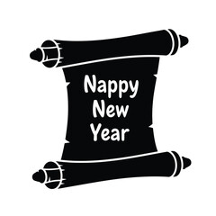 Black silhouette scroll with white text Nappy New Year