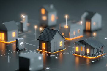 Smart home network connecting modern houses with wireless technology, envisioning a connected community and efficient energy solutions