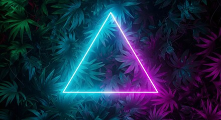 Neon triangle glowing brightly against a backdrop of lush green leaves. Casting an ethereal and captivating light