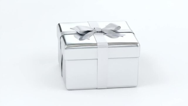 Silver gift box with ribbon on white background for presentation