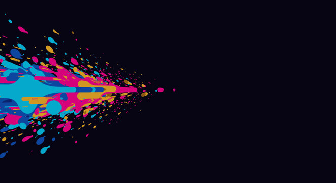 A vibrant explosion of colorful paint splatters streaks dynamically across a dark background, creating an energetic and modern abstract design.