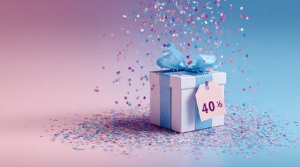 Festive gift box with blue ribbon and 40 percent discount tag surrounded by falling colorful confetti on vibrant pink and blue gradient background for celebration and sale promotion themes