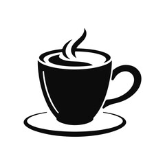 Hot coffee cup logo design, steaming drink icon, cafe beverage illustration, morning espresso symbol, black and white artwork