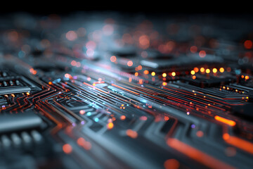 Intricate circuit board glows with vibrant energy, illustrating modern technology and advanced connectivity solutions for business and innovation
