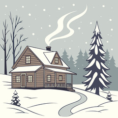 Fototapeta premium Cozy cabin in a snowy winter wonderland with smoke rising from the chimney